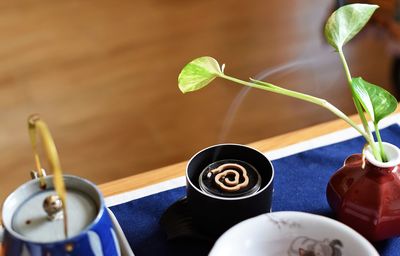 High angle view of potted plant on table