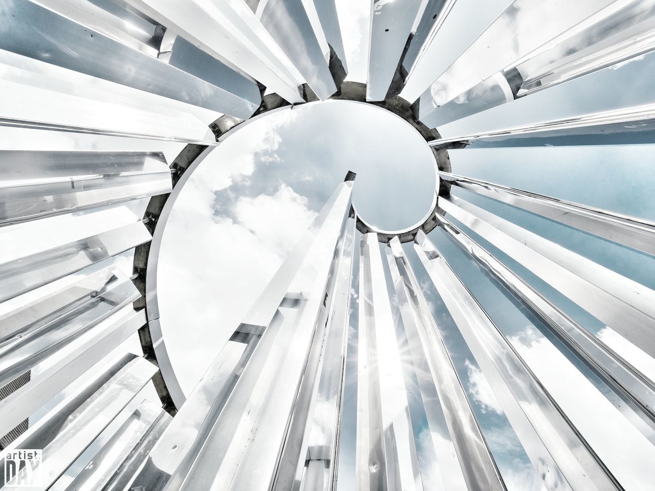 low angle view, transportation, part of, pattern, directly below, built structure, no people, white color, day, architecture, metal, circle, outdoors, sky, cropped, ferris wheel, engineering, full frame, design, close-up