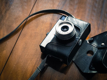 High angle view of camera on table