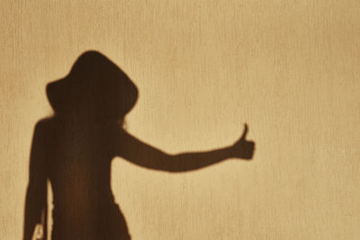 Shadow of woman shows thumb up gesture on the wall. positive emotions concept