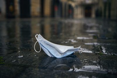 Surface level of wet shoes on footpath in rainy season