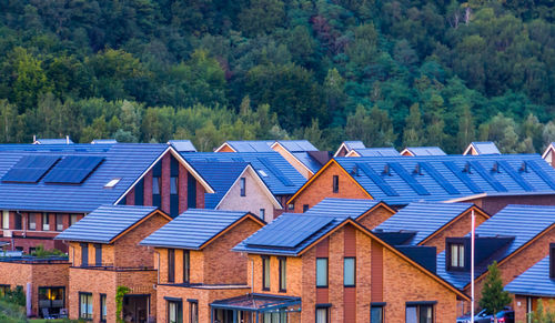 Houses and trees by building against blue sky