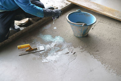 High angle view of man working in container