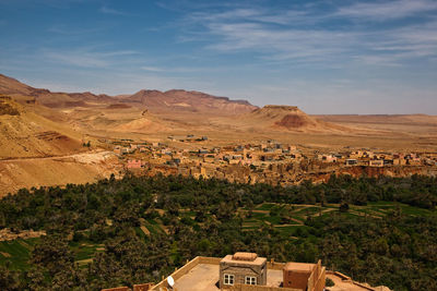 High angle view of agricultural landscape against sky