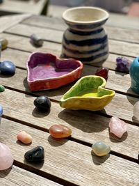 Close-up of crystals on table