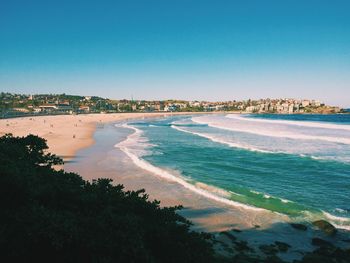 Scenic view of sea against clear blue sky