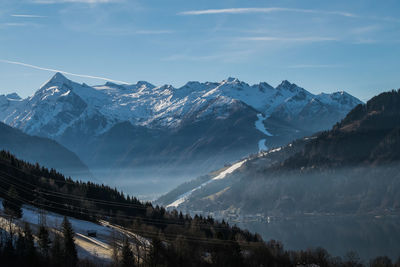 Scenic view of mountains against cloudy sky