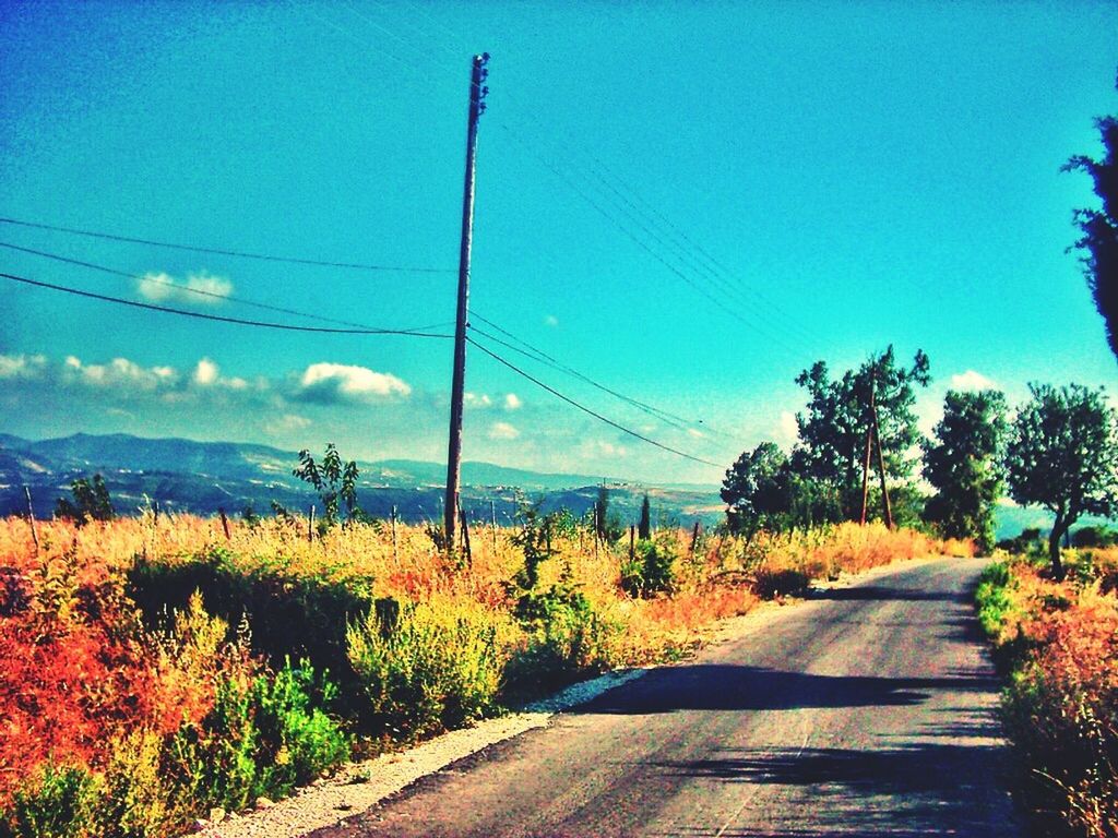 the way forward, transportation, road, sky, diminishing perspective, country road, power line, vanishing point, electricity pylon, blue, plant, road marking, tree, nature, tranquility, tranquil scene, landscape, beauty in nature, growth, scenics