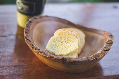 High angle view of bread in bowl on table