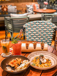 High angle view of food served on table