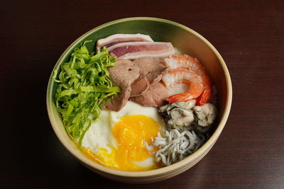 High angle view of breakfast served on table