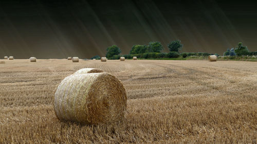 Hay bales on field against sky