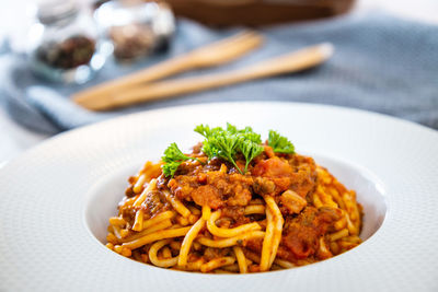 Close-up of noodles in plate