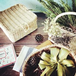 High angle view of wicker basket on table