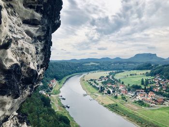 High angle view of river amidst landscape against sky