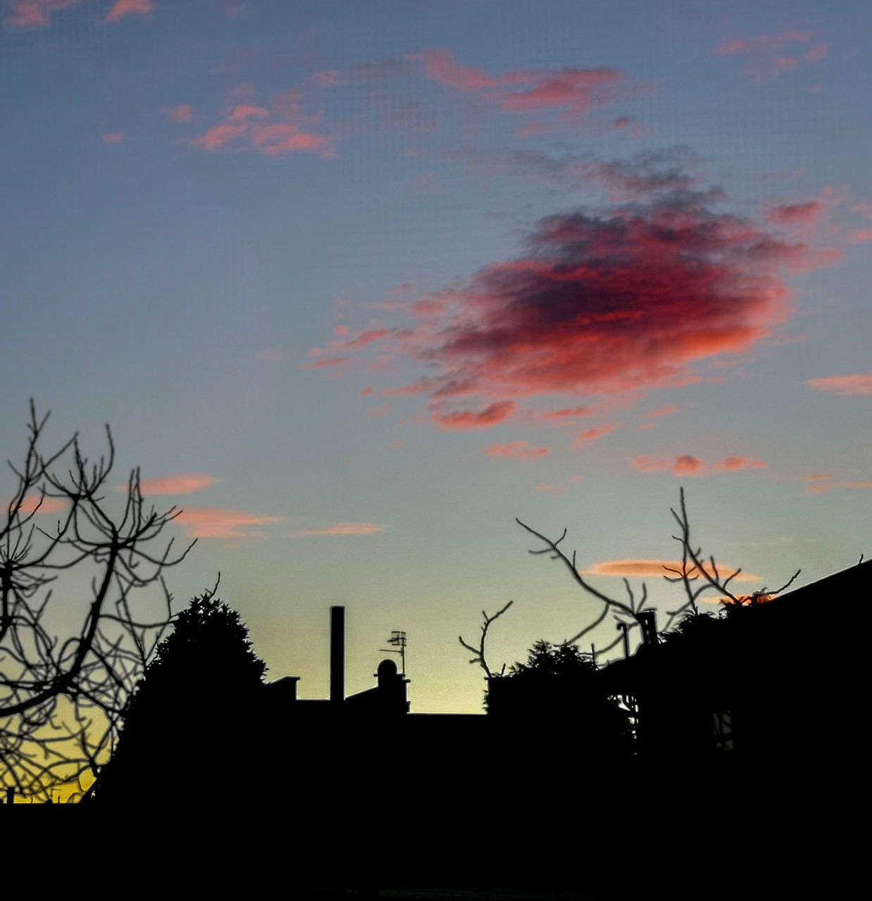 LOW ANGLE VIEW OF SILHOUETTE TREES AND BUILDINGS AGAINST SKY AT SUNSET