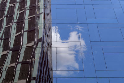 Low angle view of modern building against blue sky