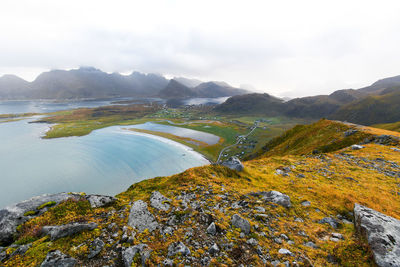 Panoramic view from mountain top over villages and countryside at the coast in lofoten norway