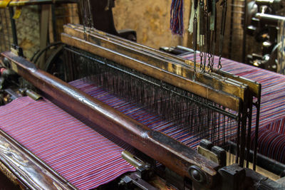 High angle view of loom in factory