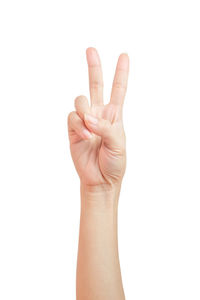 Close-up of human hand against white background