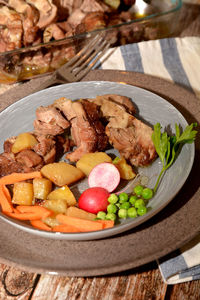 High angle view of meal served on table