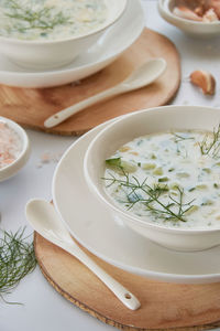 High angle view of soup in bowl on table