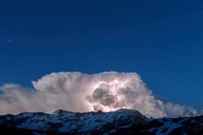 Low angle view of snowcapped mountains against blue sky