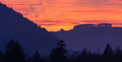 Scenic view of silhouette mountains against sky at sunset