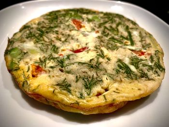 High angle view of pizza in plate