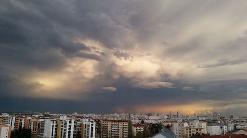 High angle view of townscape against sky at sunset