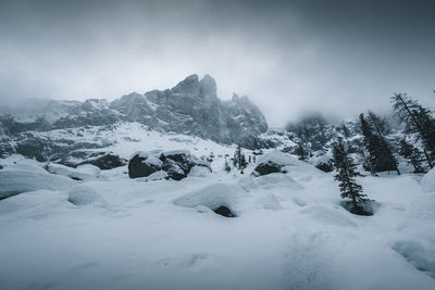 Scenic view of snow covered mountains against sky