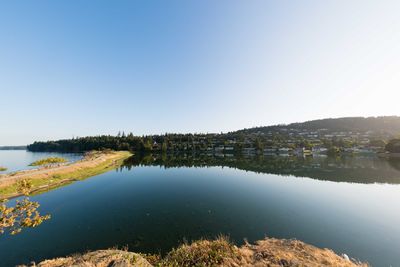 Scenic view of lake against clear sky