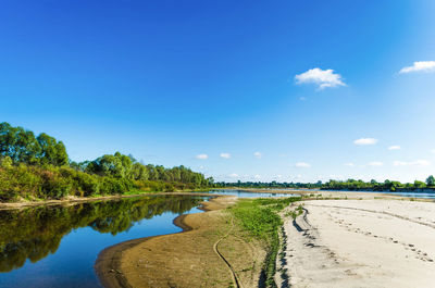 Scenic view of lake against blue sky