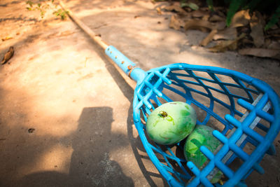 High angle view of balls in basket