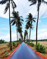 Road amidst palm trees against sky