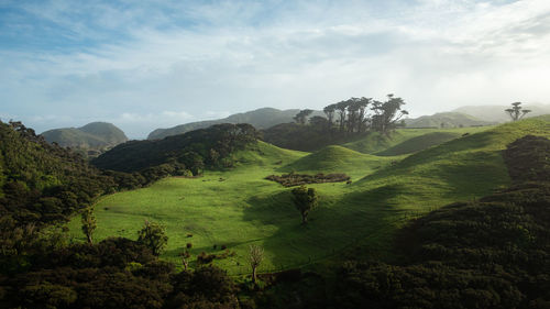 Scenic view of green landscape and mountains against sky