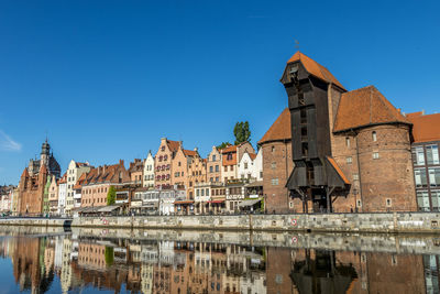 Reflection of building in water against clear blue sky