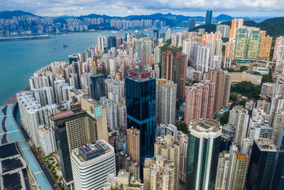 High angle view of modern buildings in city