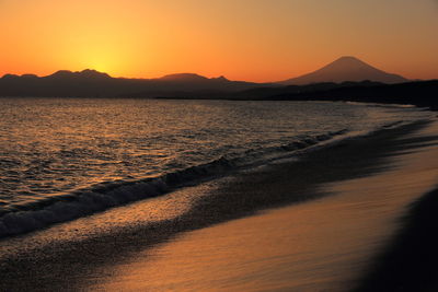 Scenic view of beach against sky during sunset