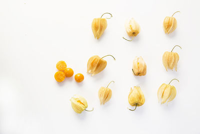 High angle view of heart shape over white background