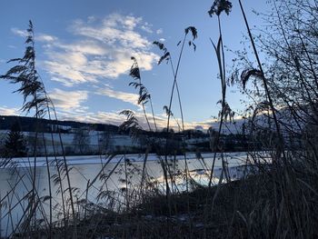 Scenic view of lake against sky during sunset