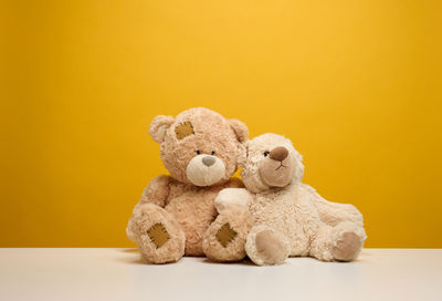 Two cute brown teddy bears sitting on a yellow background, childrens toy