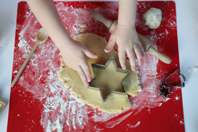 High angle view of woman preparing food