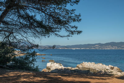 Scenic view of sea against clear blue sky