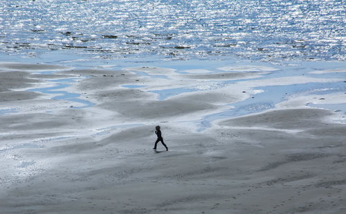 High angle view of woman walking on beach