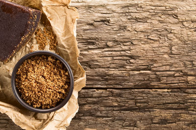 High angle view of bread in bowl on table