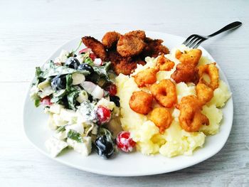 High angle view of food served in plate on table