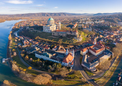 Esztergom, hungary - aerial view of the beautiful basilica of esztergom near river danube