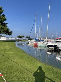 Sailboats moored in sea against clear sky