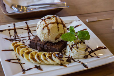 Close-up of ice cream in plate on table